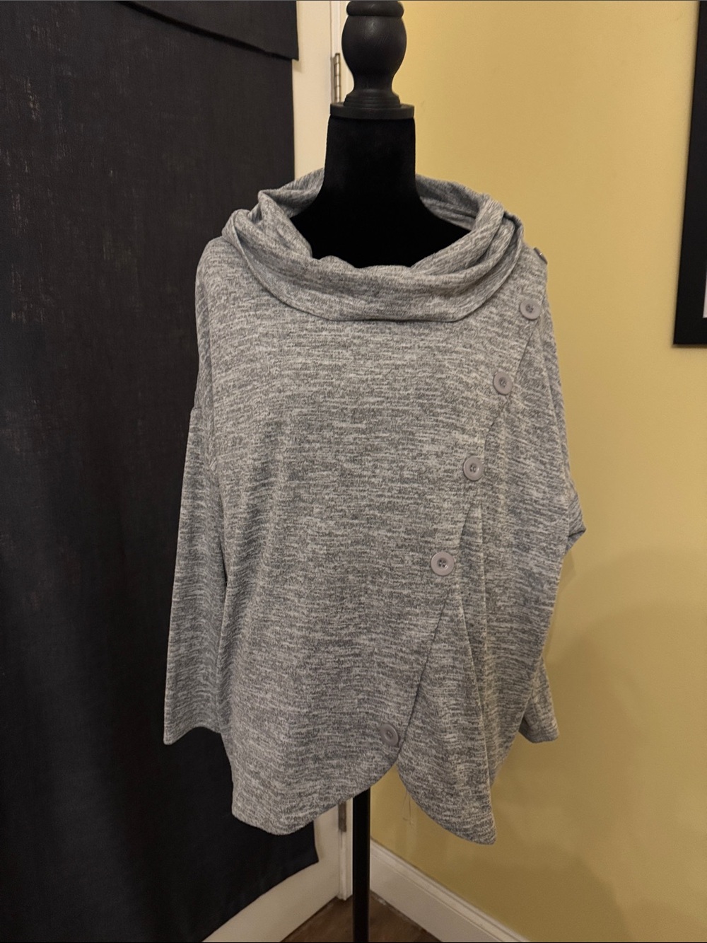 Cozy Heather Gray Button-Front Cowl Neck Poncho